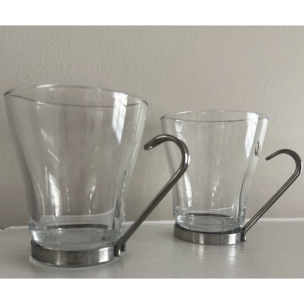Bormioli Rocco Set 2 Glass Cappuccino Coffee Tea Cups Stainless Steel Handle Box